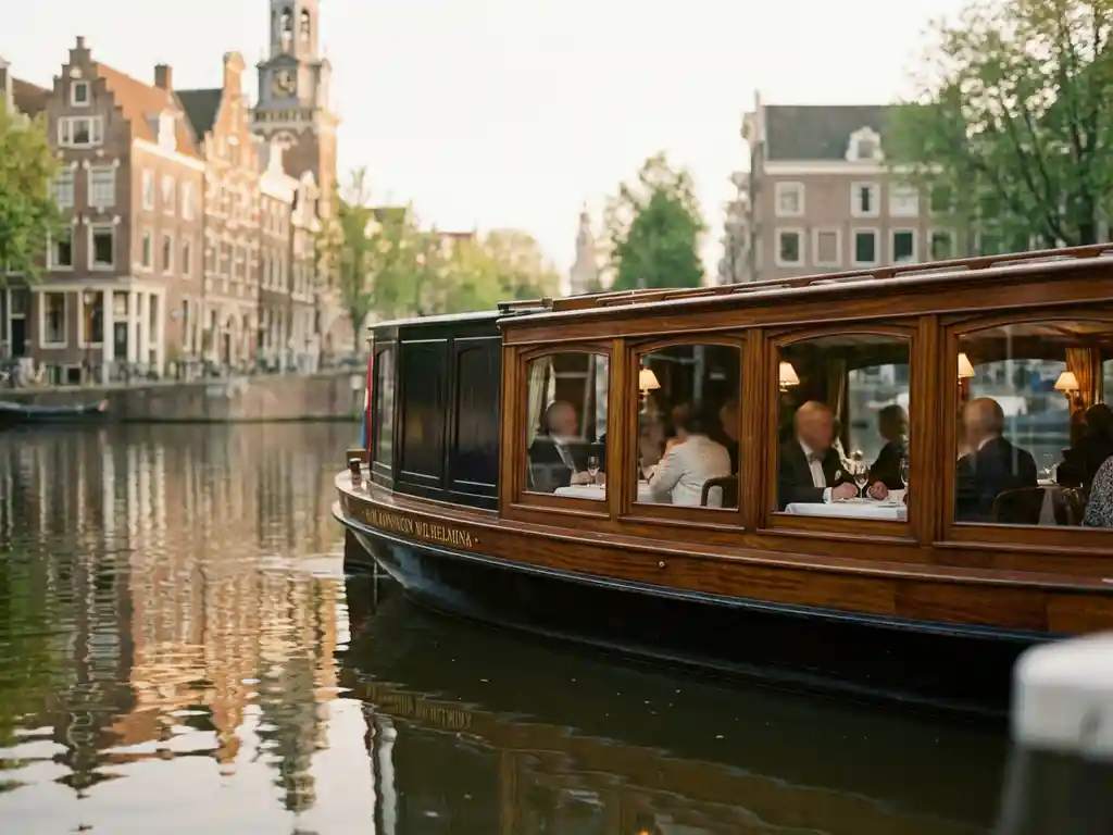 Klassieke overdekte Nederlandse salonboot uit 1910 vaart door smalle Amsterdamse gracht met historische grachtenpanden