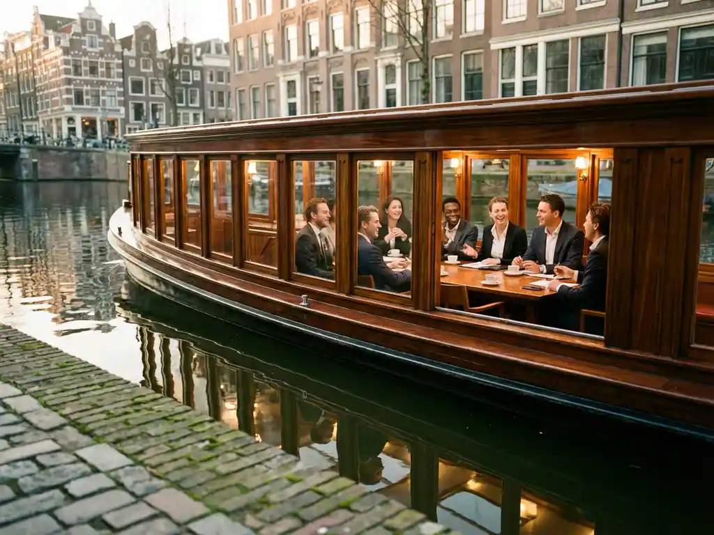 Klassieke overdekte Nederlandse salonboot uit 1910 vaart door smalle Amsterdamse grachten met zakelijk team aan boord