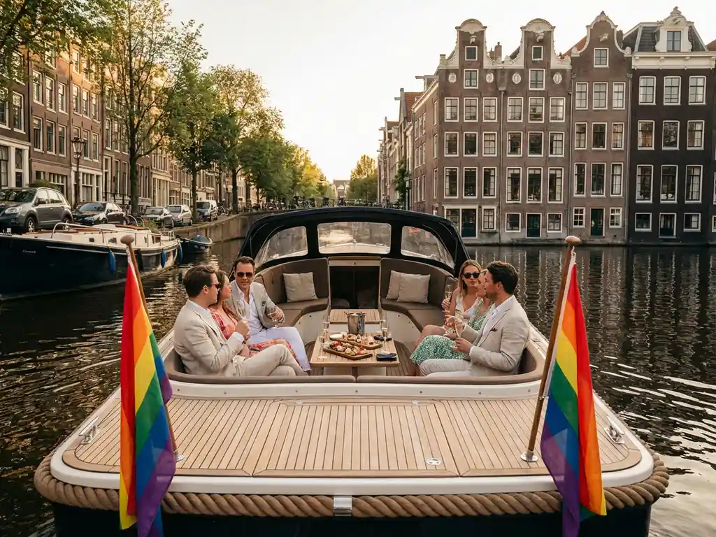 Luxe boot met Pride-vlaggen vaart door Amsterdamse gracht met gasten en historische grachtenpanden op achtergrond