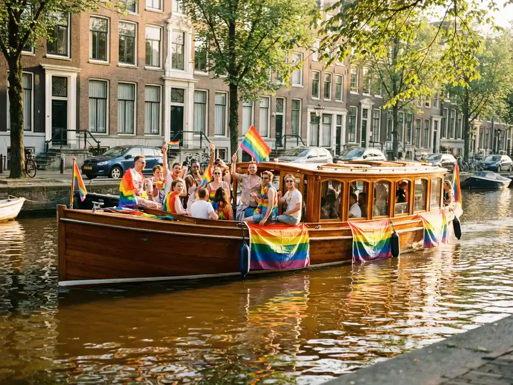 Luxe salonboot met Pride-gasten in kleurrijke kleding vaart door Amsterdamse gracht met historische grachtenpanden