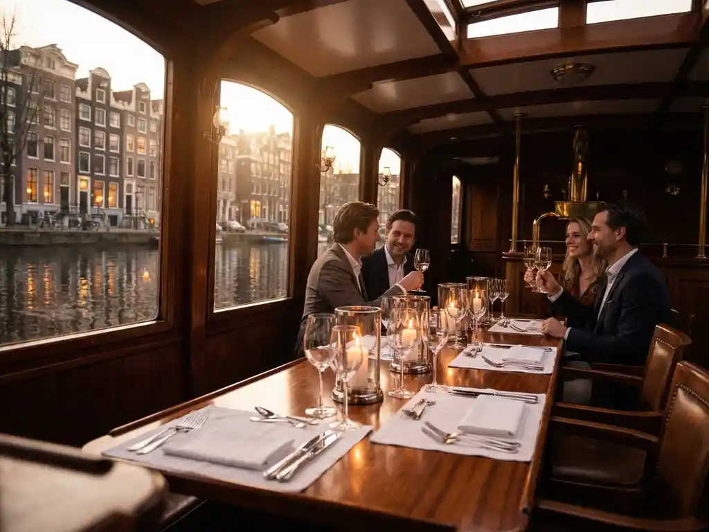 Elegant diner aan boord van klassieke Amsterdamse salonboot met kaarslicht en historische grachtenpanden weerspiegeld in water