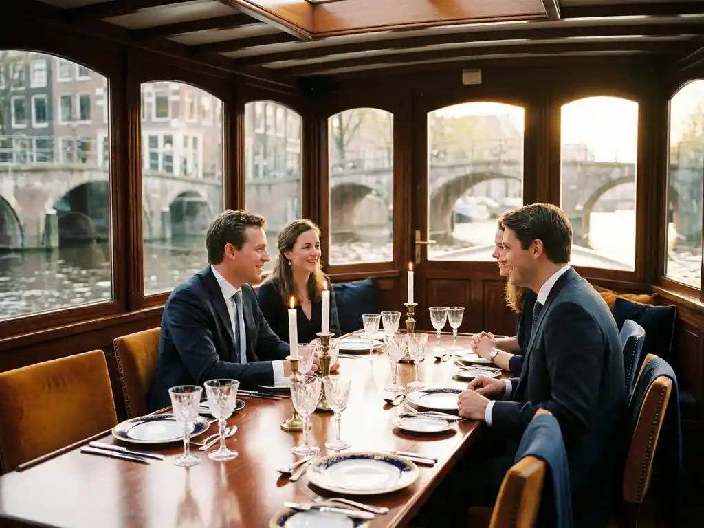 Mahonie eettafel met kristallen glazen en porselein aan boord van klassieke Amsterdamse salonboot tijdens zonsondergang