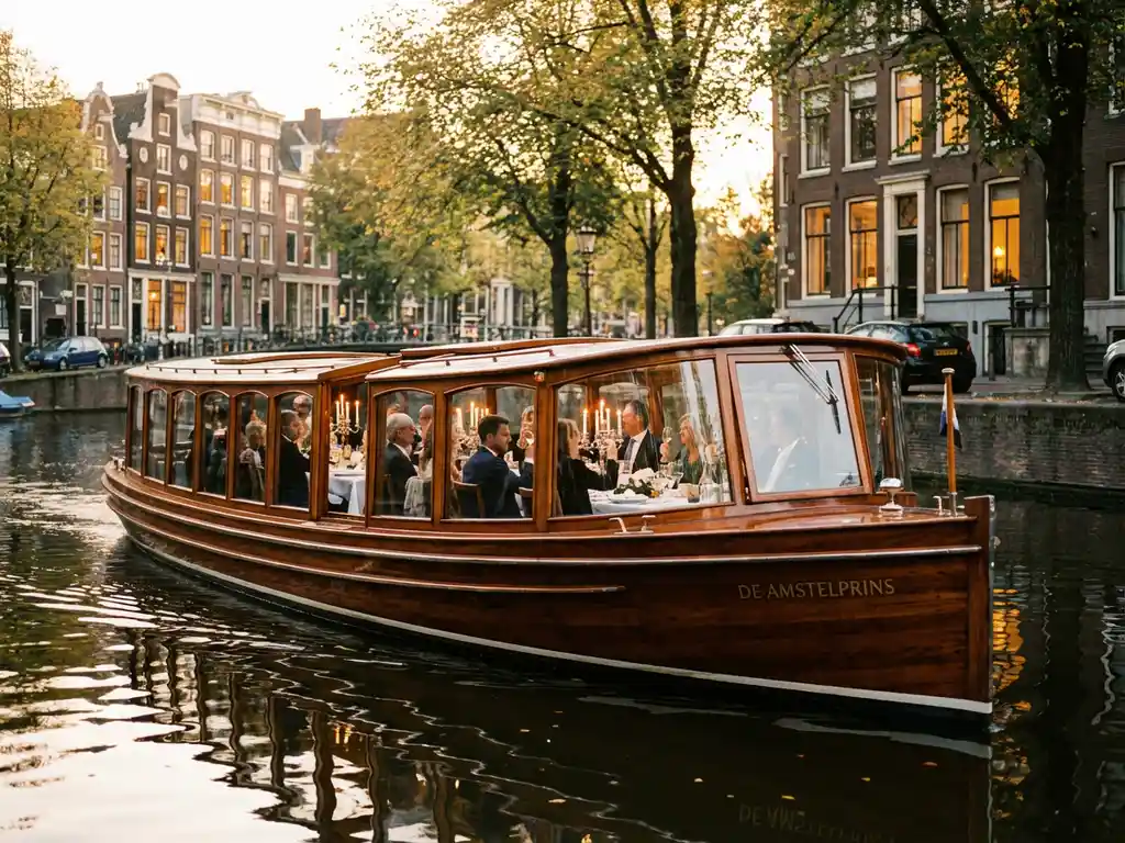 Luxe salonboot met dinerende gasten vaart door Amsterdamse gracht tussen historische grachtenpanden tijdens gouden uur