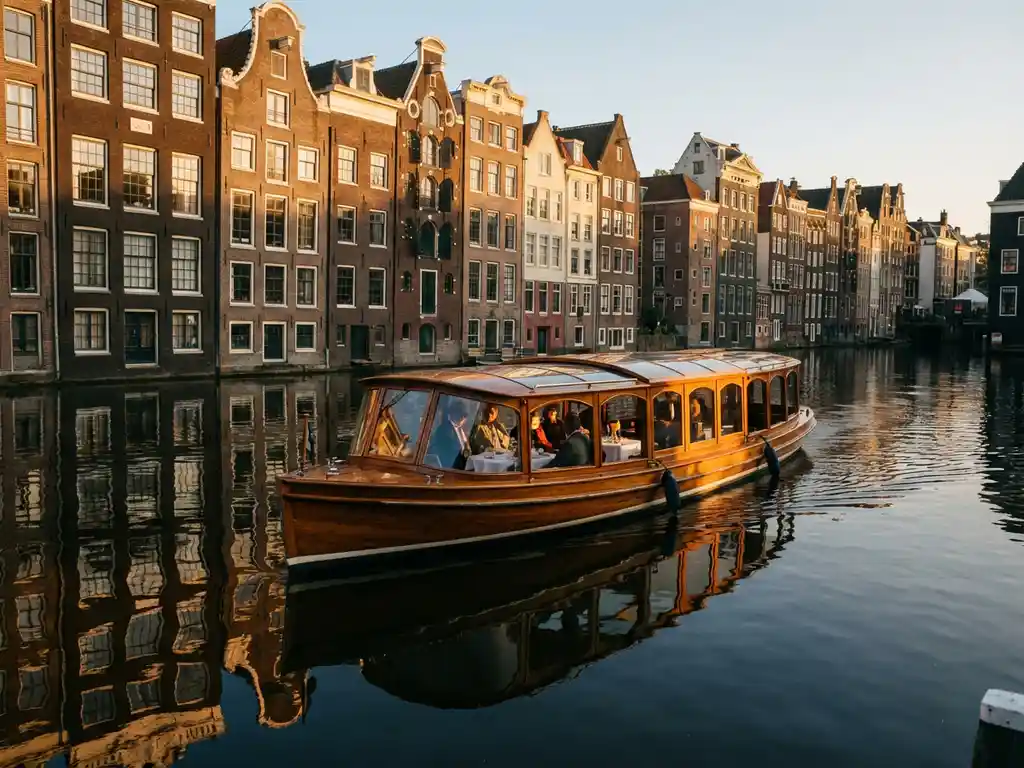 Klassieke overdekte salonboot met iroko hout vaart door smalle Amsterdamse gracht tussen 17e-eeuwse grachtenpanden