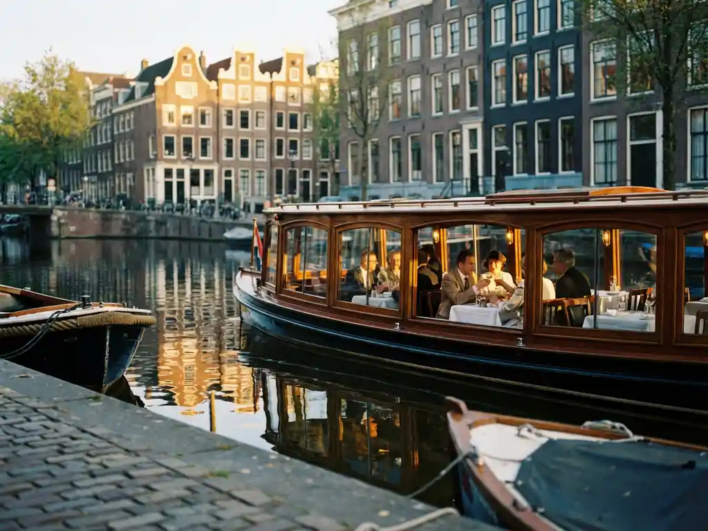 Klassieke overdekte salonboot vaart door smalle Amsterdamse gracht met historische grachtenpanden weerspiegeld in het water