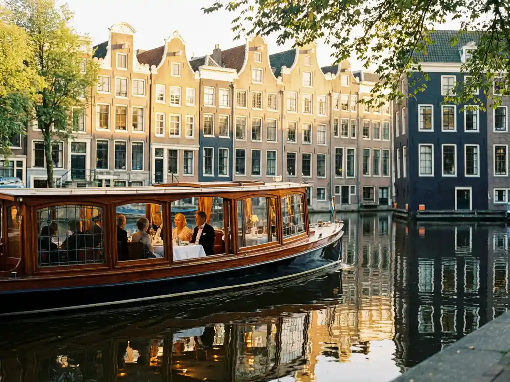 Klassieke overdekte salonboot met donker hout vaart door smalle Amsterdamse gracht tussen 17e-eeuwse grachtenpanden