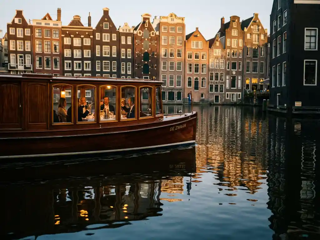 Klassieke overdekte salonboot vaart door smalle Amsterdamse gracht met 17e-eeuwse grachtenpanden weerspiegeld in water