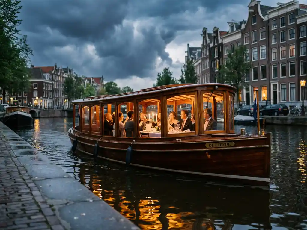 Klassieke overdekte salonboot uit 1910 vaart door smalle Amsterdamse grachten met gasten aan boord, historische grachtenpanden weerspiegelen in het water