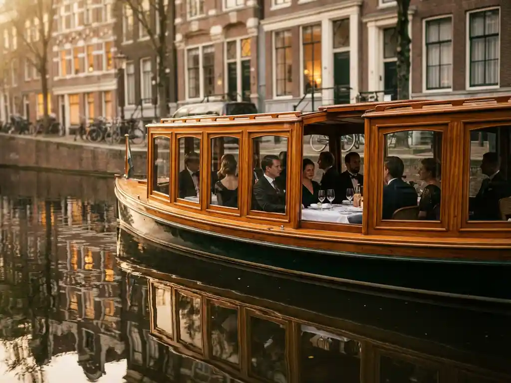 Klassieke overdekte salon tjalk uit 1910 vaart door smalle Amsterdamse grachten met zakenmensen aan boord tijdens gouden uur