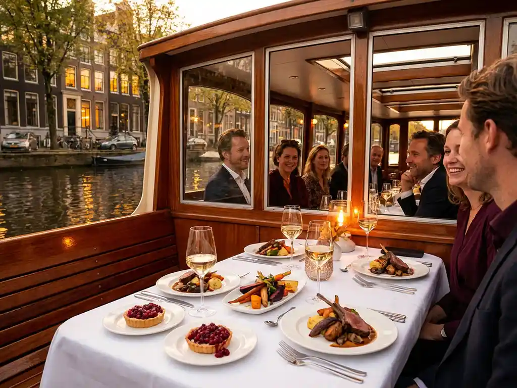 Elegant diner op een Amsterdamse salonboot met herfstgerechten, wijnglazen in gouden zonlicht en grachtenhuizen weerspiegeld in het water