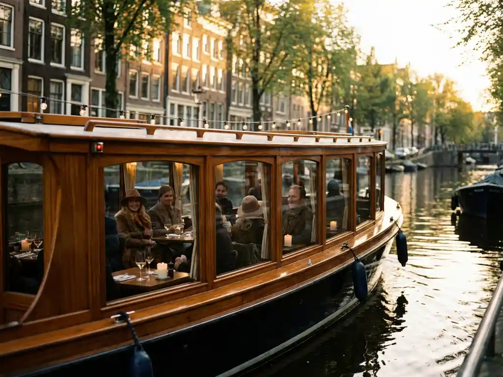 Klassieke overdekte salonboot met iroko hout vaart door smalle Amsterdamse grachten, gasten dineren bij kaarslicht