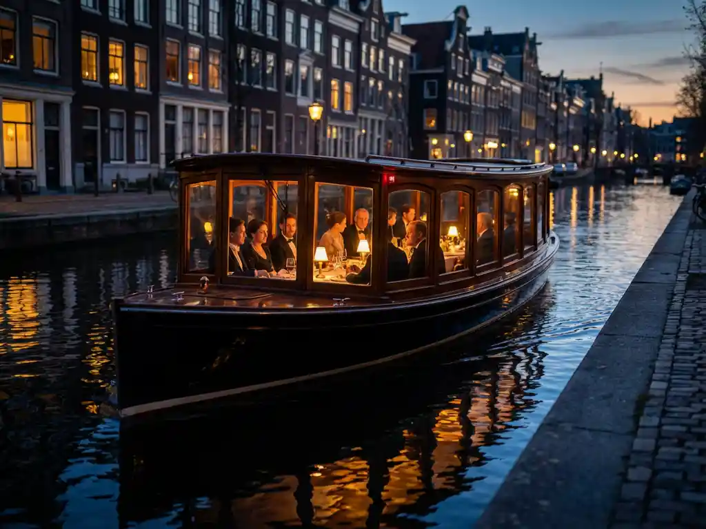 Klassieke overdekte salonboot uit 1910 met gepolijst iroko hout vaart door smalle Amsterdamse grachten met gasten aan boord
