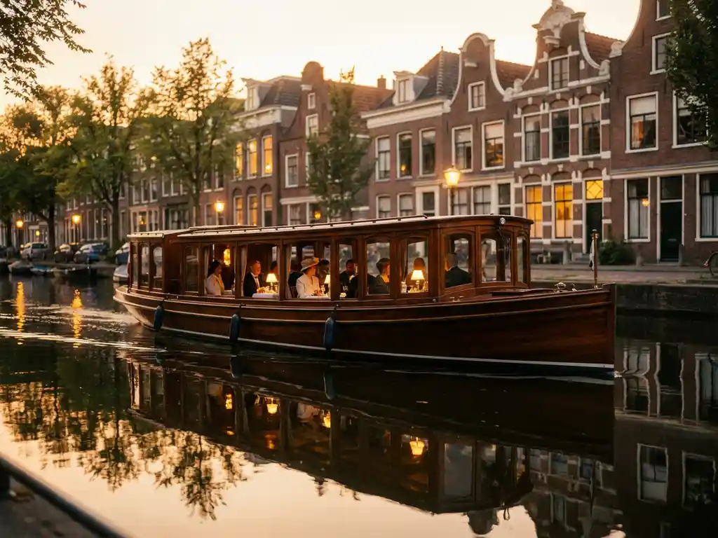 Klassieke overdekte salonboot uit 1910 vaart door smalle Amsterdamse grachten met historische grachtenpanden