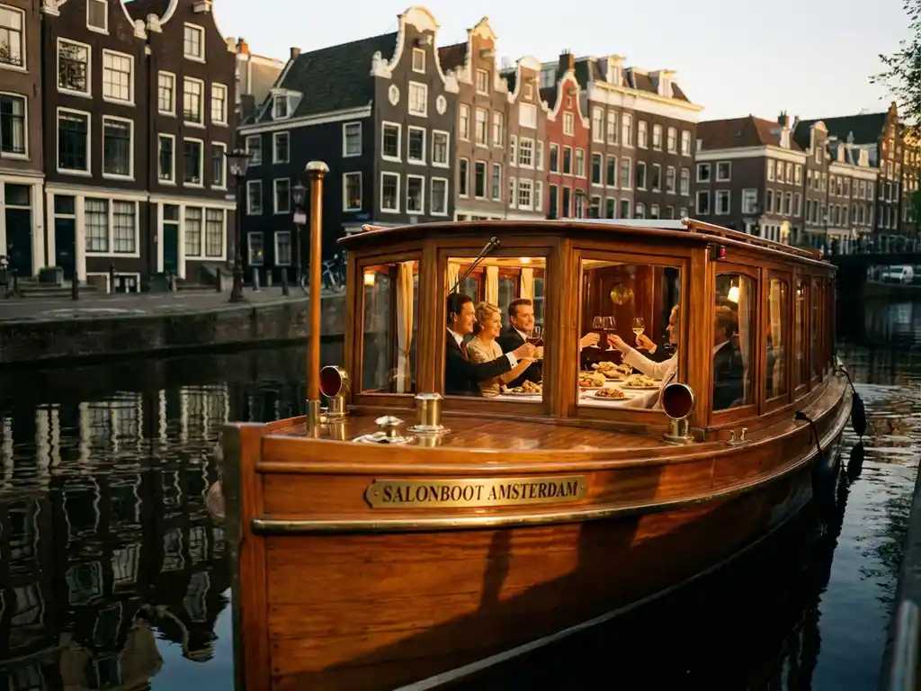Klassieke overdekte salonboot uit 1910 vaart door smalle Amsterdamse gracht met historische grachtenpanden