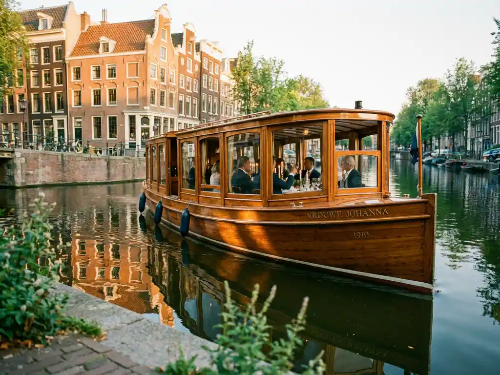 Klassieke overdekte salon tjalk uit 1910 vaart door smalle Amsterdamse grachten met gasten aan boord, historische grachtenpanden weerspiegelen in het water