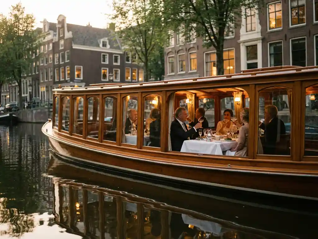 Klassieke overdekte Nederlandse salonboot uit 1910 vaart door smalle Amsterdamse grachten, gasten dineren in glazen salon