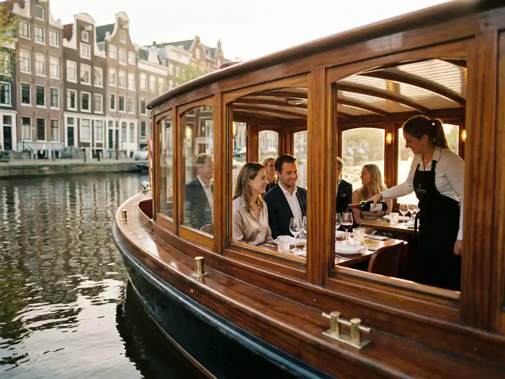Klassieke overdekte salon tjalk uit 1910 vaart door Amsterdamse grachten tijdens gouden uur, gasten dineren in verlichte kajuit