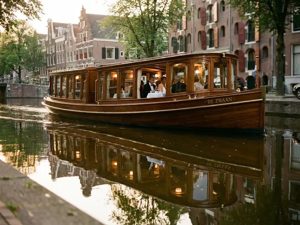 Klassieke overdekte salon tjalk uit 1910 vaart door smalle Amsterdamse grachten met 17e-eeuwse grachtenpanden op de achtergrond