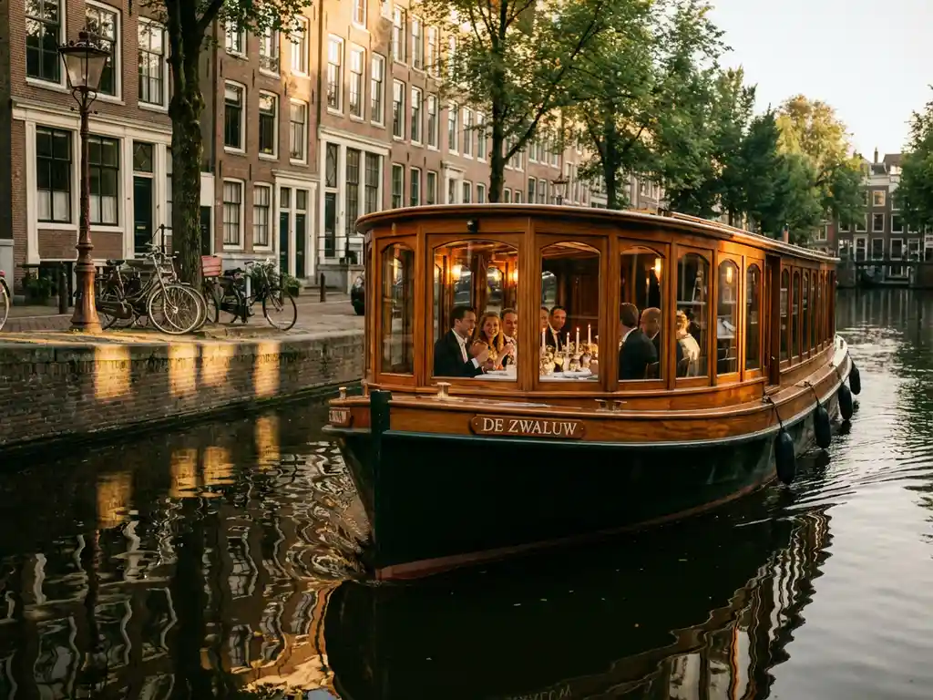 Klassieke overdekte salon tjalk uit 1910 vaart door smalle Amsterdamse grachten met gasten aan boord, historische grachtenpanden weerspiegelen in het water