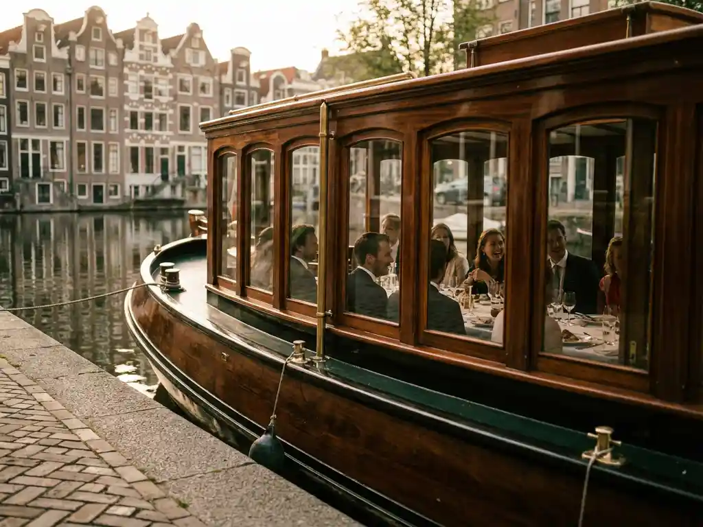 Klassieke overdekte tjalk uit 1910 vaart door smalle Amsterdamse gracht, gasten dineren in glazen salon, historische grachtenpanden weerspiegelen in water
