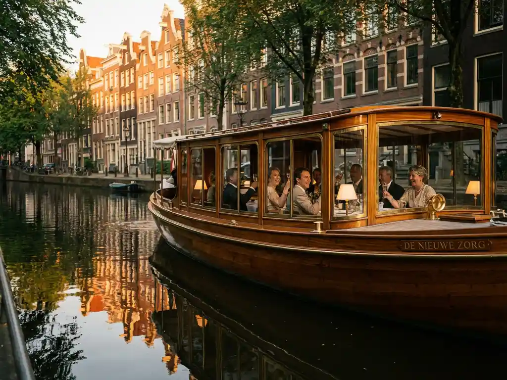 Klassieke overdekte Nederlandse salonboot uit 1910 vaart door smalle Amsterdamse gracht met historische grachtenpanden