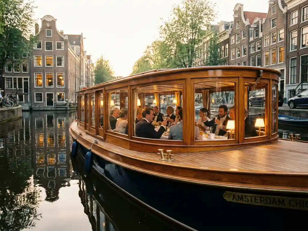 Luxe klassieke Nederlandse salonboot uit 1910 vaart door smalle Amsterdamse gracht met gasten aan boord tijdens gouden uurtje