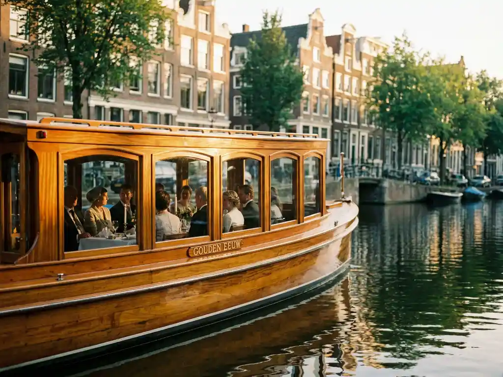Klassieke overdekte Nederlandse salonboot uit 1910 vaart door smalle Amsterdamse gracht met historische grachtenpanden