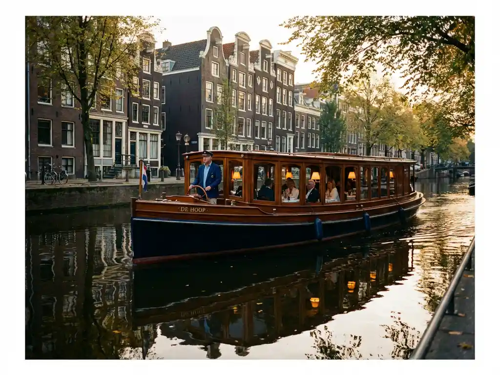 Klassieke overdekte Nederlandse salonboot uit 1910 vaart door smalle Amsterdamse grachten met historische grachtenpanden