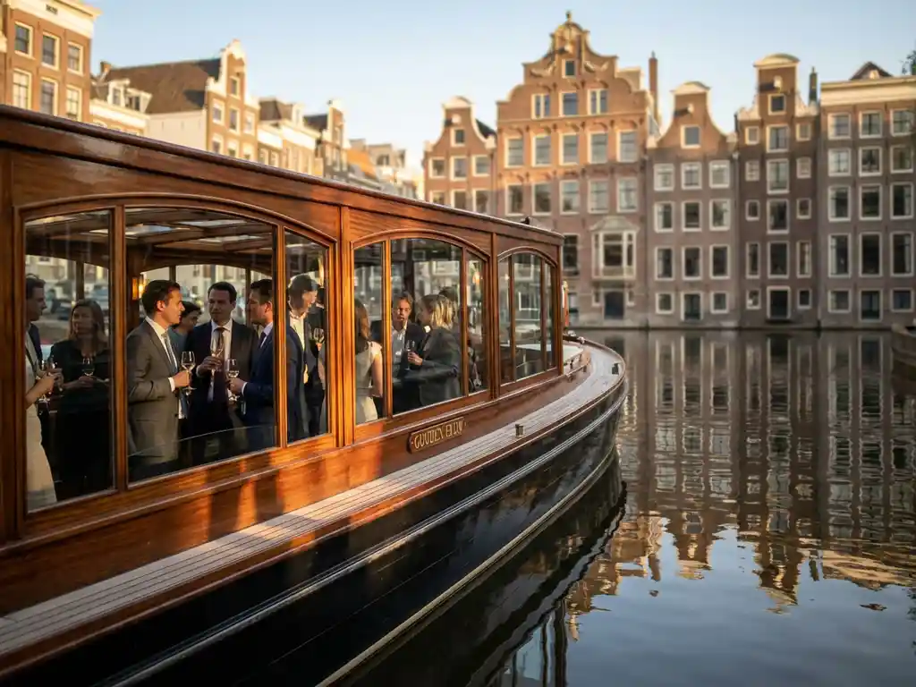 Klassieke 1910 salon tjalk met business professionals vaart door smalle Amsterdamse gracht tussen 17e-eeuwse grachtenpanden