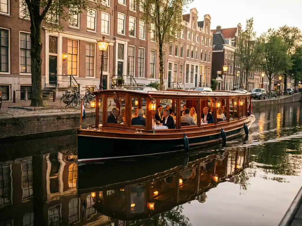 Luxe overdekte salonboot uit 1910 met iroko hout vaart door smalle Amsterdamse gracht langs historische grachtenpanden