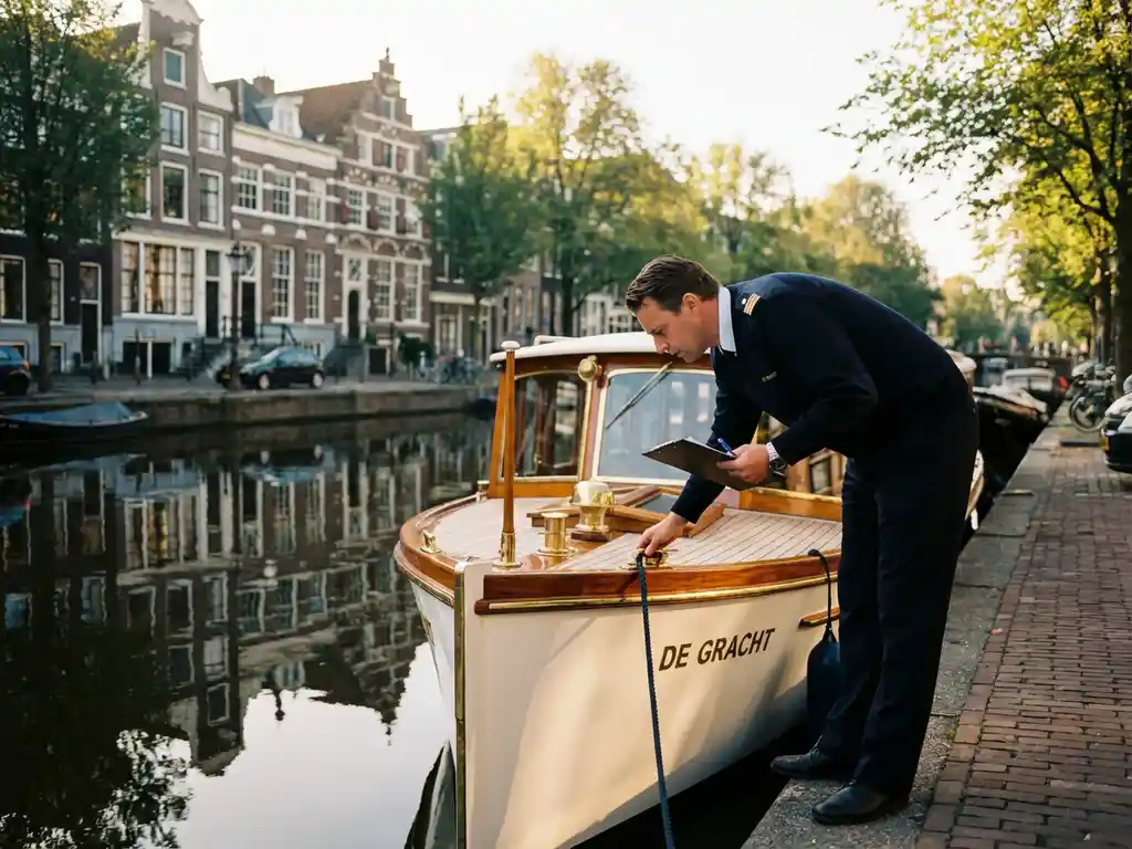 Marine inspecteur in uniform controleert luxe witte salonboot aan Amsterdamse gracht met historische grachtenpanden op achtergrond