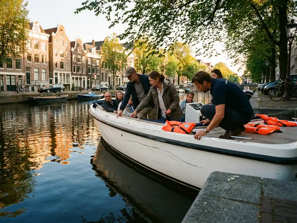 Beschadigde luxe elektrische sloep met kras op witte romp in Amsterdamse gracht, bezorgde passagiers en schipper onderzoeken schade
