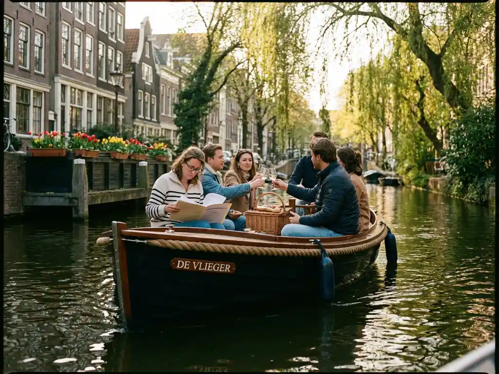 Elegante elektrische sloep vaart door smalle Amsterdamse gracht met vrienden die wijn drinken en picknicken aan boord