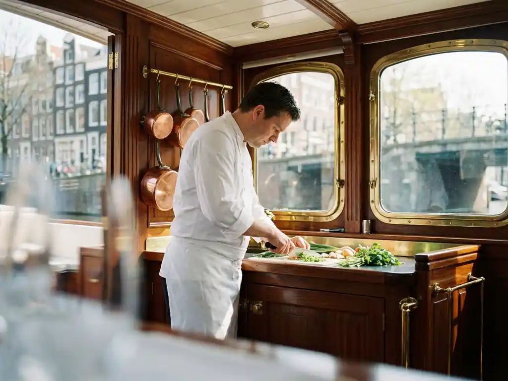 Professionele chef in witte uniform bereidt verse ingrediënten voor op teakhouten keukenblad in luxe salonboot, Amsterdamse grachtenpanden op achtergrond