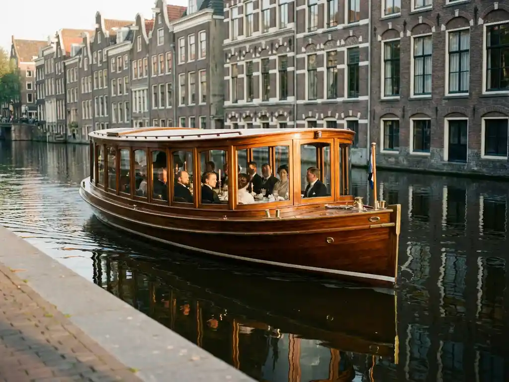 Klassieke overdekte Nederlandse salon tjalk uit 1910 vaart door smalle Amsterdamse grachten met historische grachtenpanden