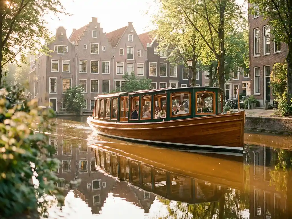 Klassieke overdekte Nederlandse salonboot uit 1910 vaart door Amsterdamse grachten met historische grachtenpanden