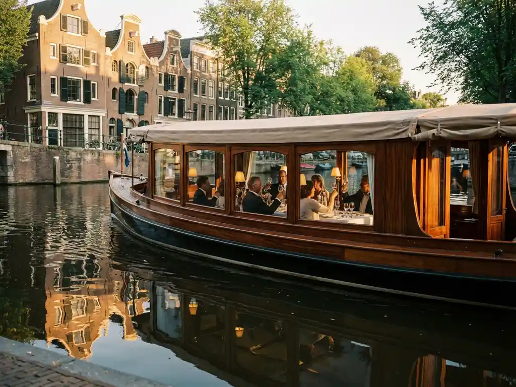 Klassieke overdekte Nederlandse salonboot uit 1910 vaart door smalle Amsterdamse gracht met historische grachtenpanden