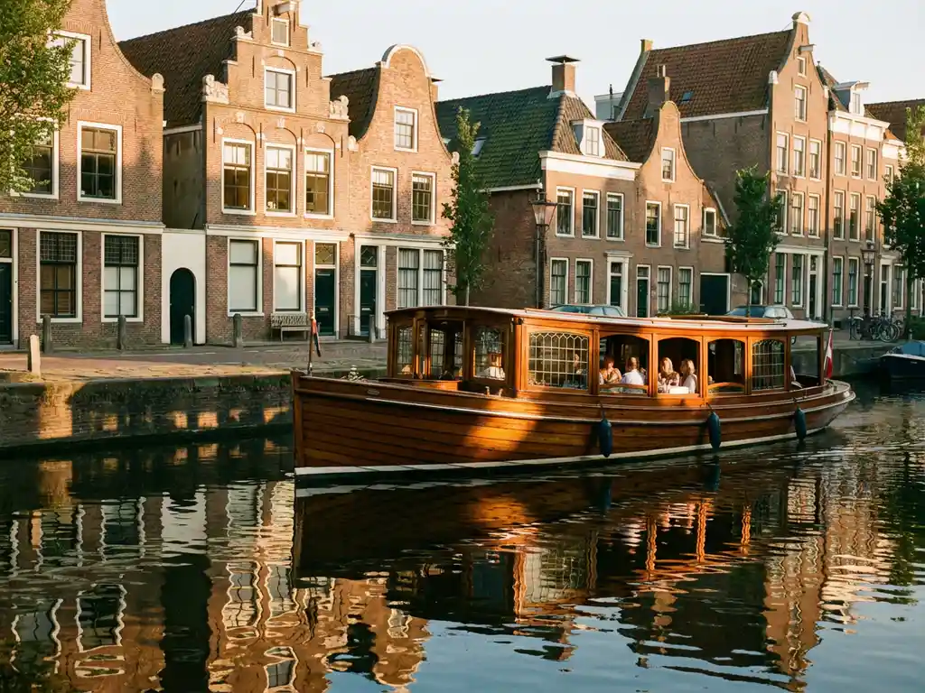 Klassieke overdekte Nederlandse salonboot uit 1910 met iroko houten romp vaart door Amsterdamse gracht met 17e-eeuwse grachtenpanden