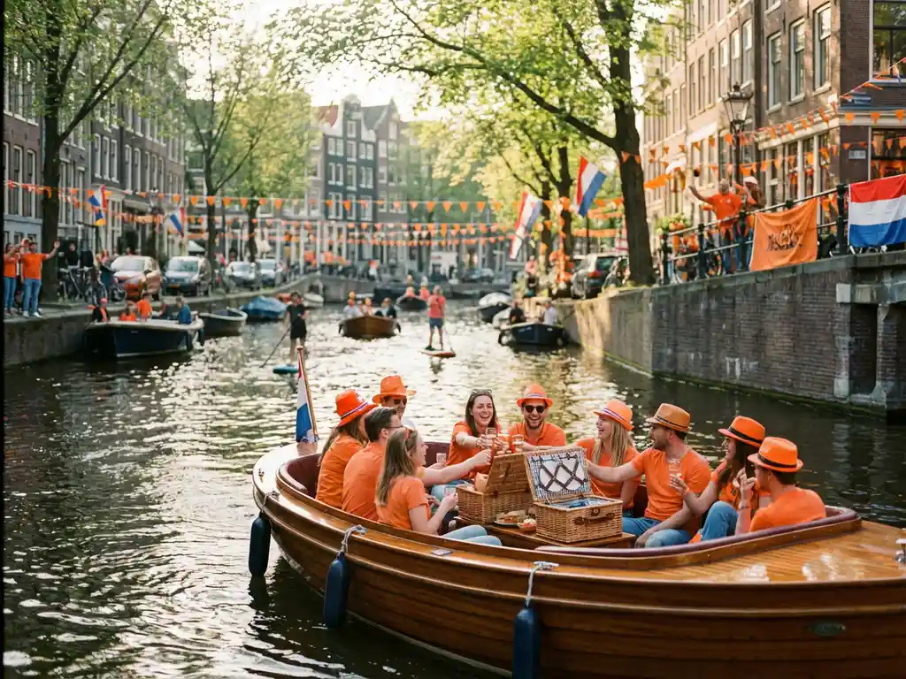 Elegante elektrische sloep vaart door Amsterdamse gracht met vrolijke passagiers tijdens Koningsdag festiviteiten