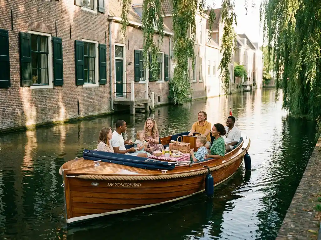 Elegante elektrische sloep met familie tijdens picknick op smalle Amsterdamse gracht, historische huizen op achtergrond