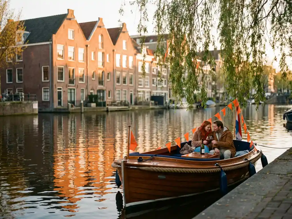 Elegant elektrische sloep vaart door smalle Amsterdamse gracht met romantisch stel en Koningsdag decoraties, historische grachtenpanden weerspiegeld in kalm water