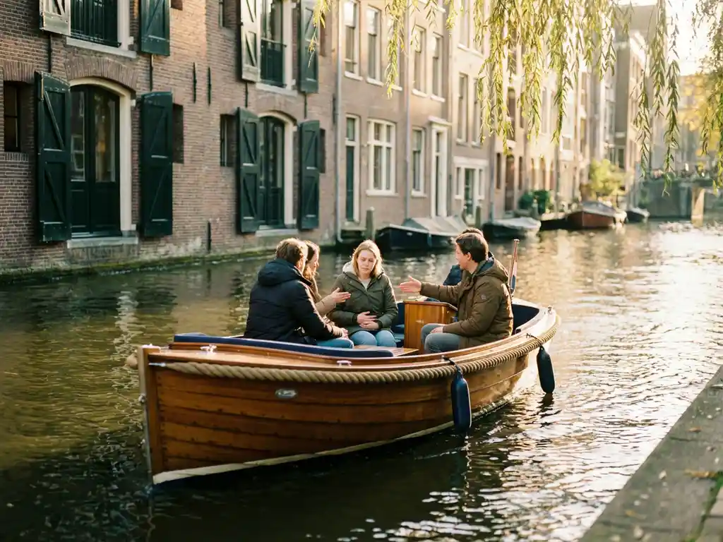 Elegante elektrische sloep met passagiers vaart door smalle Amsterdamse gracht tussen historische bakstenen huizen
