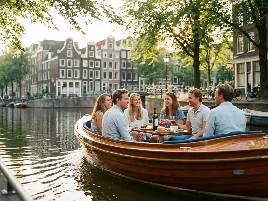 Elegante elektrische sloep vaart door smalle Amsterdamse gracht met vrienden aan boord, historische grachtenpanden weerspiegeld in water