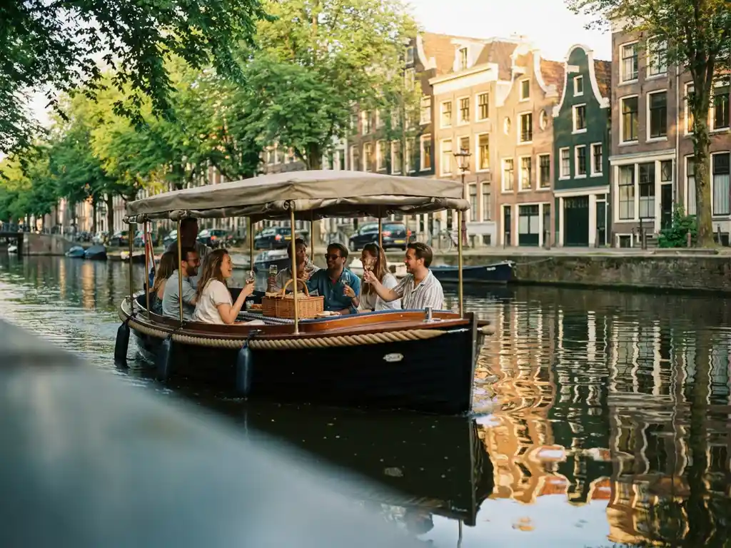 Elegante elektrische sloep vaart door smalle Amsterdamse gracht met vrienden die picknicken, historische grachtenpanden weerspiegeld in kalm water