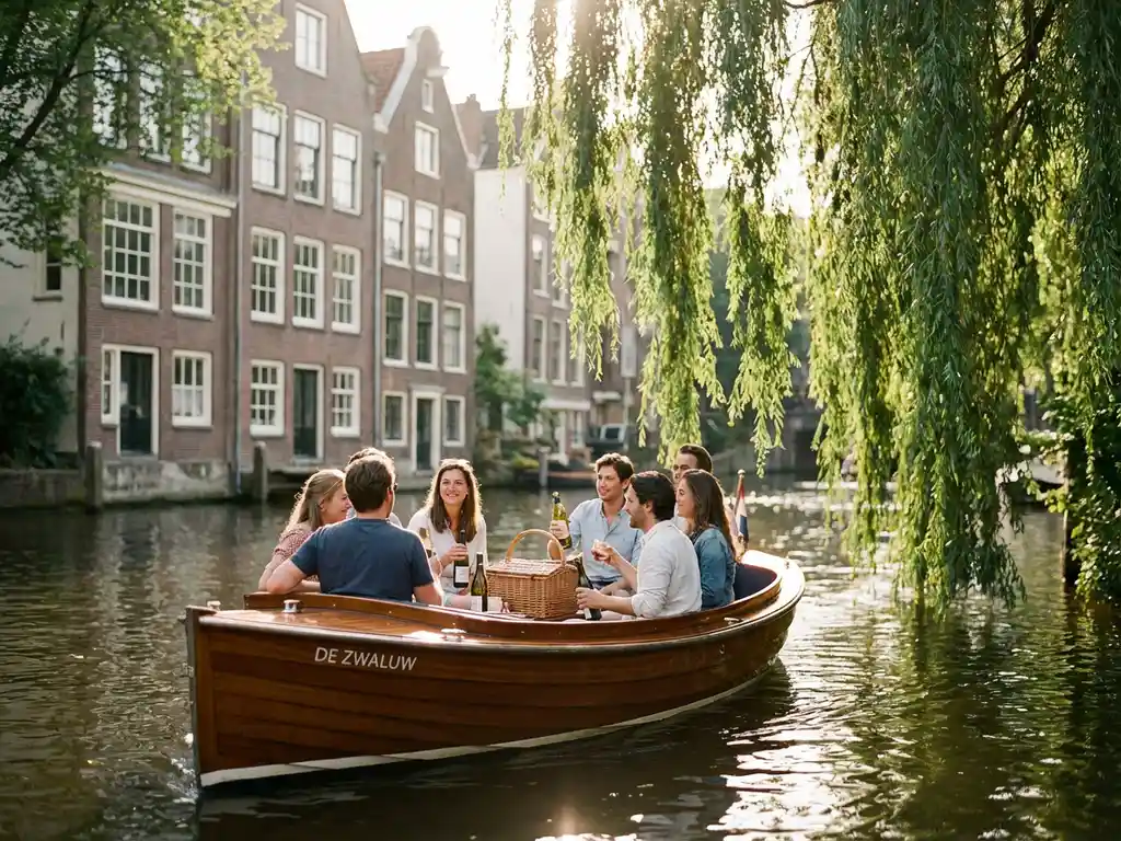 Elegante elektrische sloep met zes vrienden die wijn en picknick delen op smalle Amsterdamse gracht tussen historische grachtenpanden
