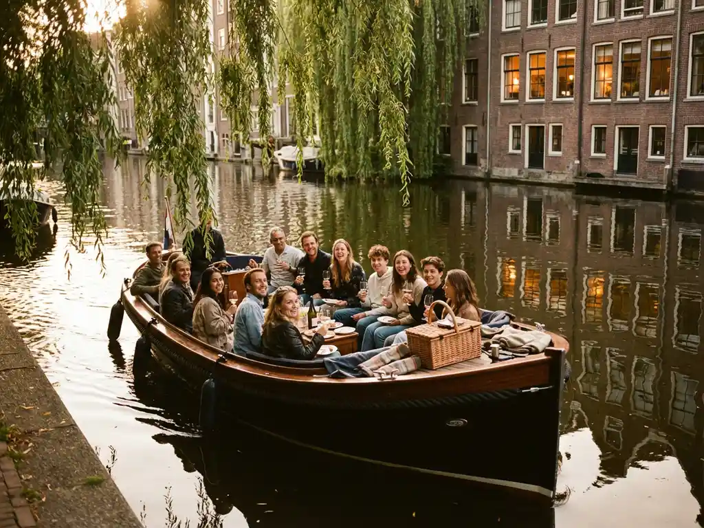 Elegante elektrische sloep vaart door smalle Amsterdamse gracht met vrienden aan boord, historische grachtenpanden weerspiegelen in kalm water