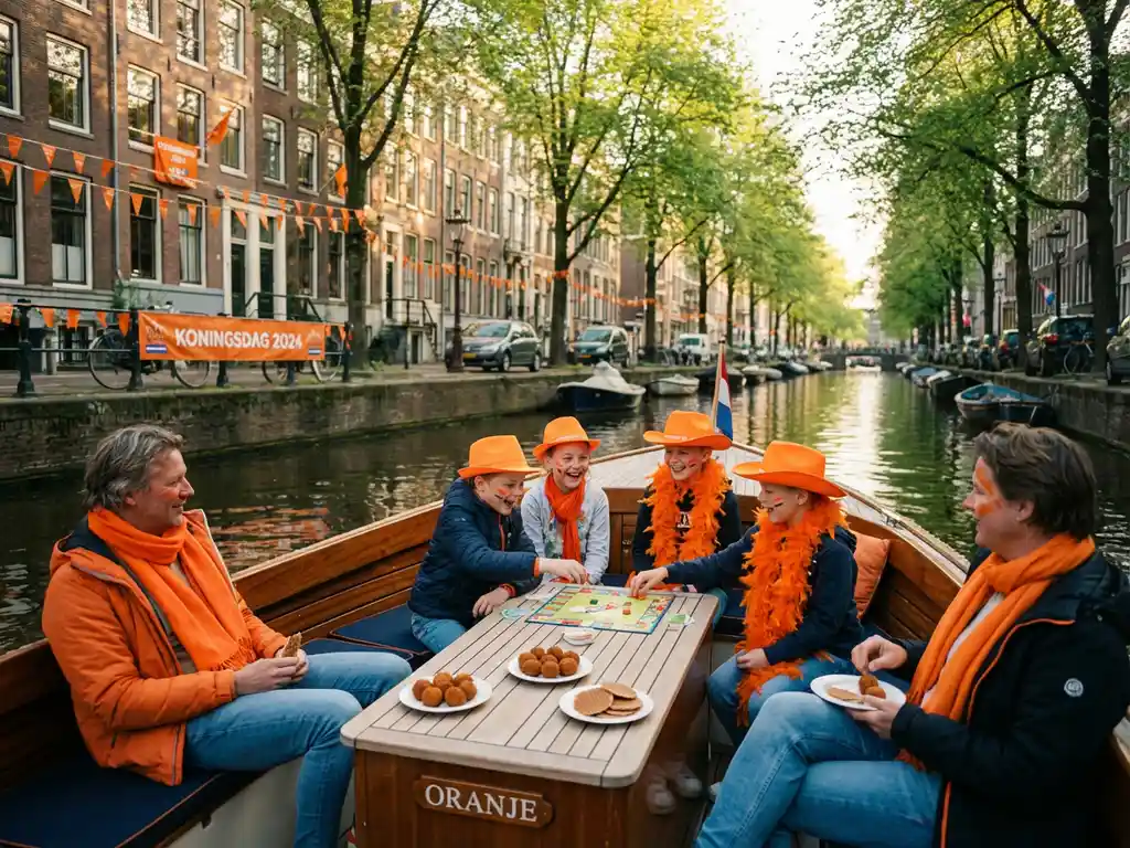 Elegante elektrische sloep vaart door smalle Amsterdamse gracht met kinderen in oranje Koningsdag kleding spelend op dek