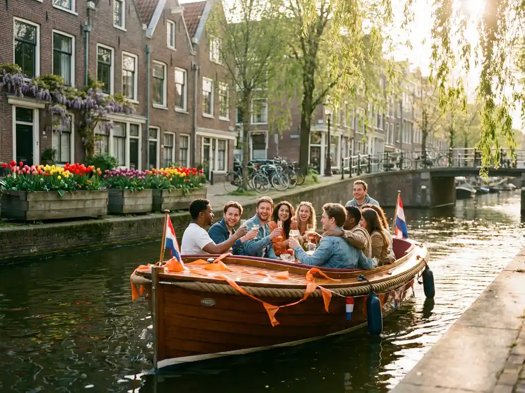 Elegante elektrische sloep met jongeren die feesten tussen Amsterdamse grachtenpanden met oranje versieringen en lentebloemen