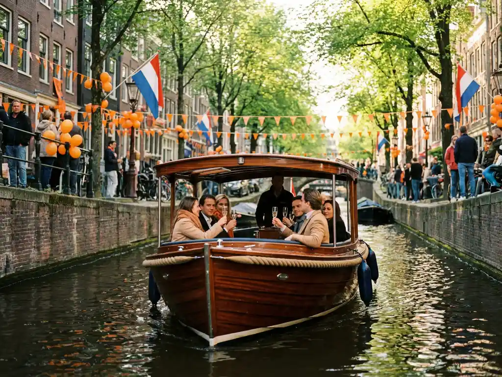 Elegante elektrische sloep met vrienden die champagne drinken op Amsterdamse gracht met oranje Koningsdag decoraties