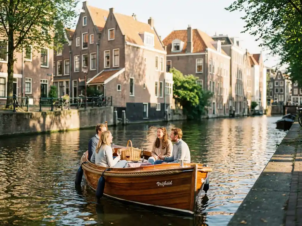 Elektrische sloep met vrienden en picknick vaart door smalle Amsterdamse gracht tussen historische grachtenpanden